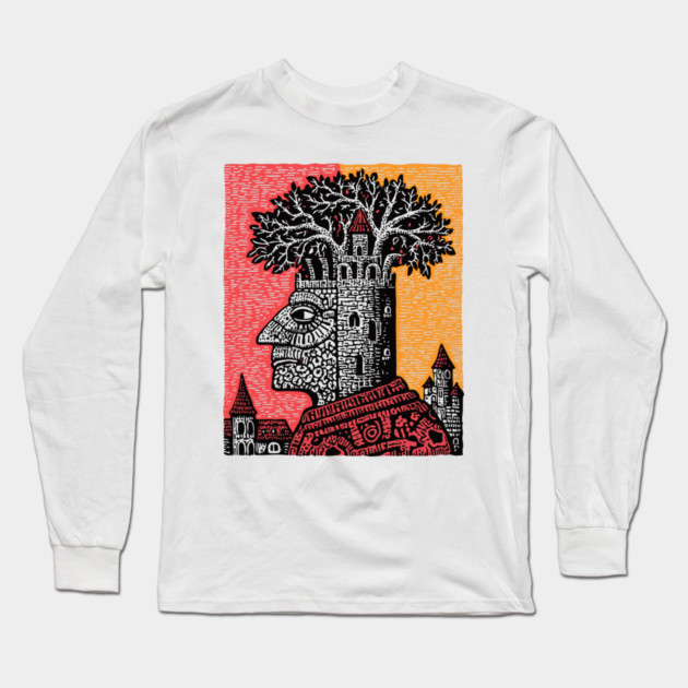 Mind Palace | Surreal Linocut Art Long Sleeve T-Shirt by TuncGK