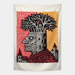 Mind Palace | Surreal Linocut Art Tapestry