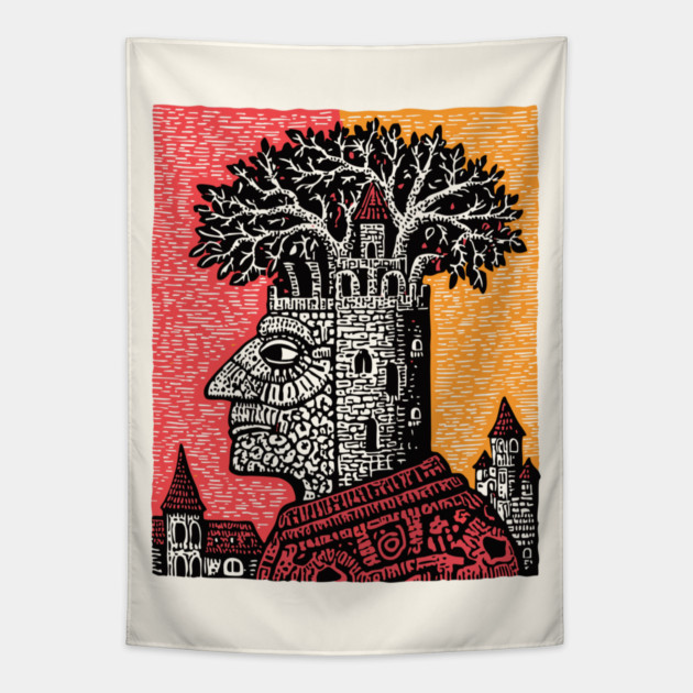 Mind Palace | Surreal Linocut Art Tapestry by TuncGK