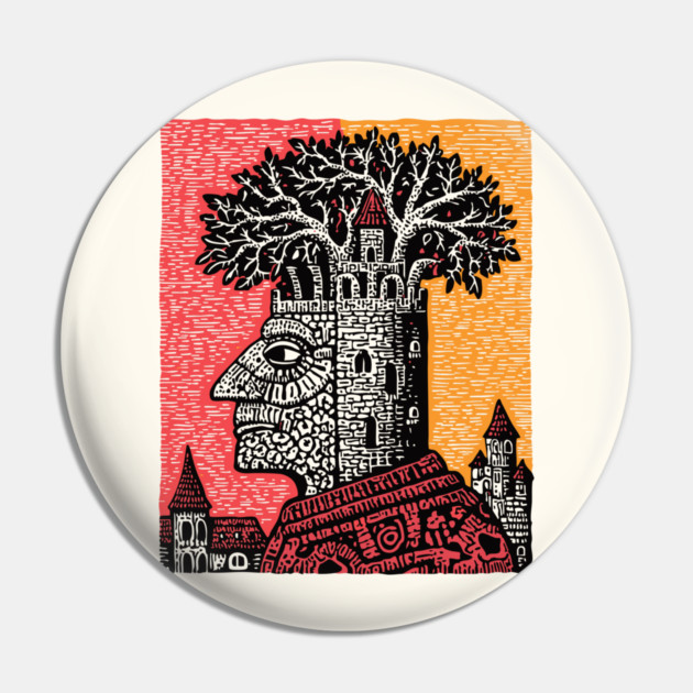 Mind Palace | Surreal Linocut Art Pin by TuncGK