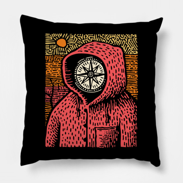 The Wanderer | Linocut Compass Design Pillow by TuncGK
