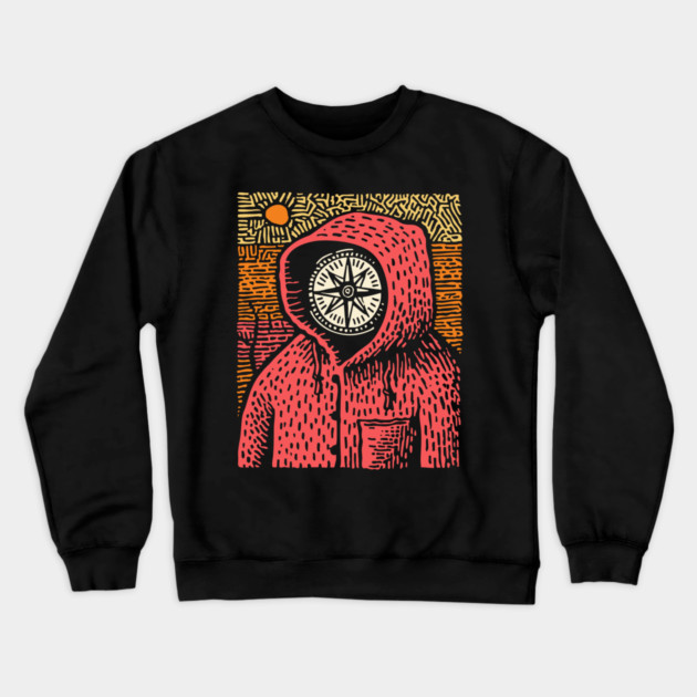 The Wanderer | Linocut Compass Design Crewneck Sweatshirt by TuncGK