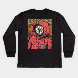 The Wanderer | Linocut Compass Design Kids Long Sleeve T-Shirt