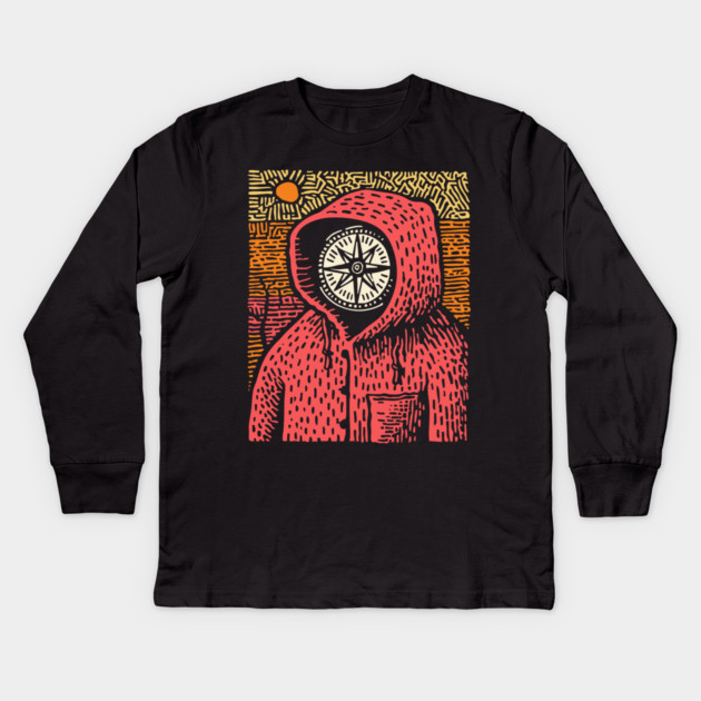 The Wanderer | Linocut Compass Design Kids Long Sleeve T-Shirt by TuncGK