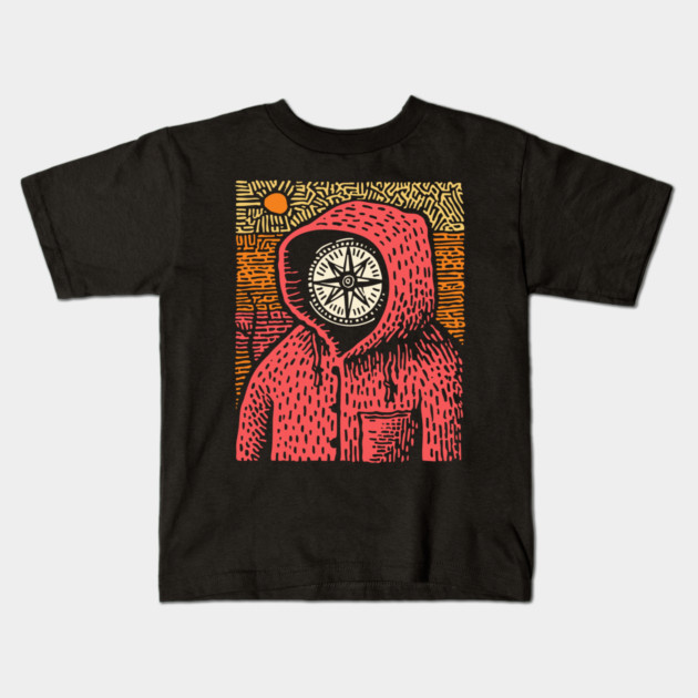 The Wanderer | Linocut Compass Design Kids T-Shirt by TuncGK