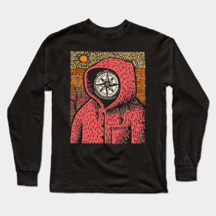 The Wanderer | Linocut Compass Design Long Sleeve T-Shirt