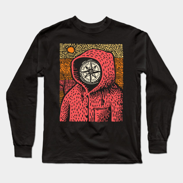 The Wanderer | Linocut Compass Design Long Sleeve T-Shirt by TuncGK