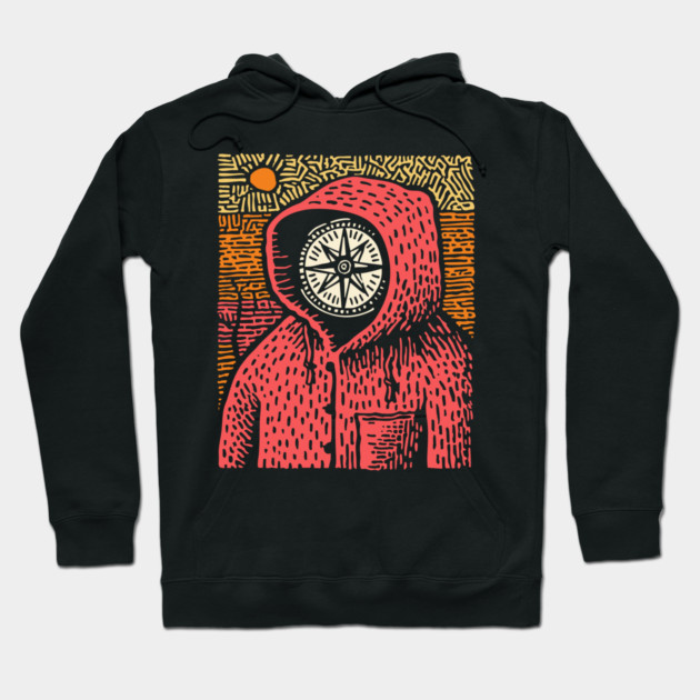The Wanderer | Linocut Compass Design Hoodie by TuncGK