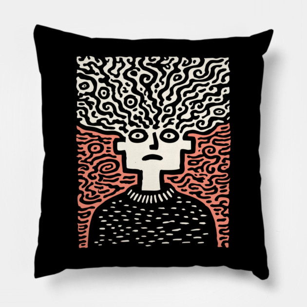 Tangled Thoughts | Surreal Linocut Portrait Pillow by TuncGK