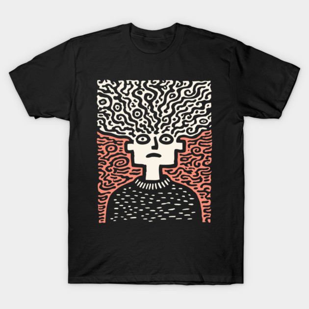 Tangled Thoughts | Surreal Linocut Portrait T-Shirt by TuncGK