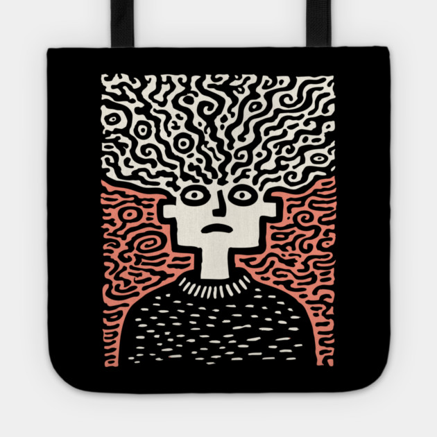 Tangled Thoughts | Surreal Linocut Portrait Tote by TuncGK