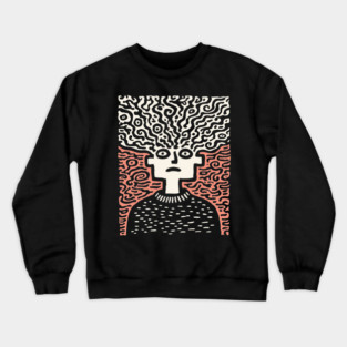Tangled Thoughts | Surreal Linocut Portrait Crewneck Sweatshirt
