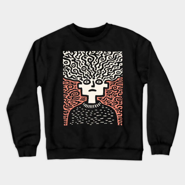 Tangled Thoughts | Surreal Linocut Portrait Crewneck Sweatshirt by TuncGK