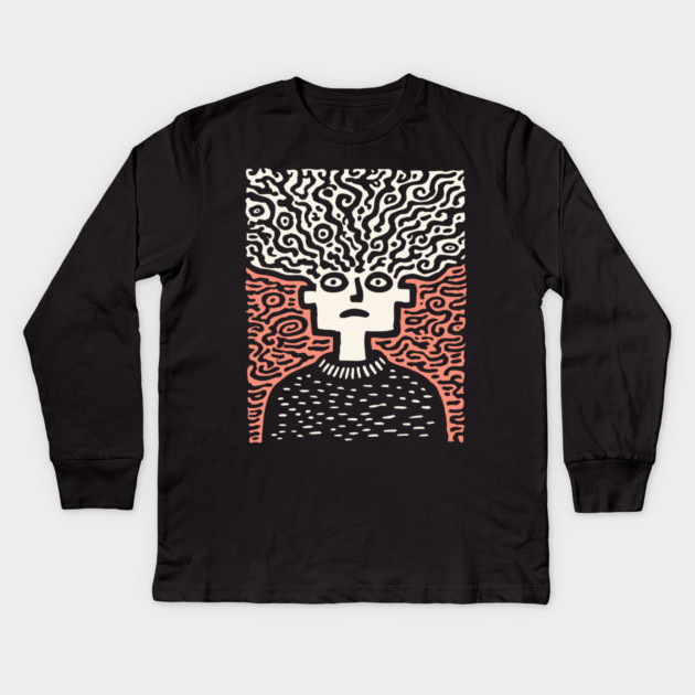 Tangled Thoughts | Surreal Linocut Portrait Kids Long Sleeve T-Shirt by TuncGK