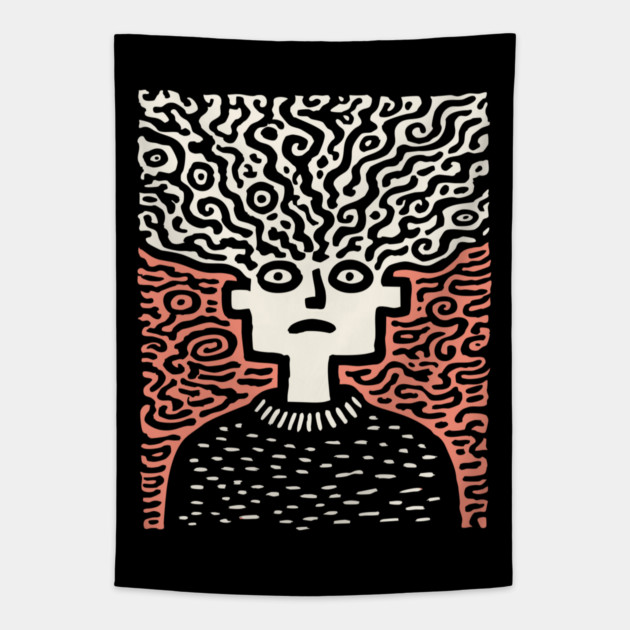 Tangled Thoughts | Surreal Linocut Portrait Tapestry by TuncGK