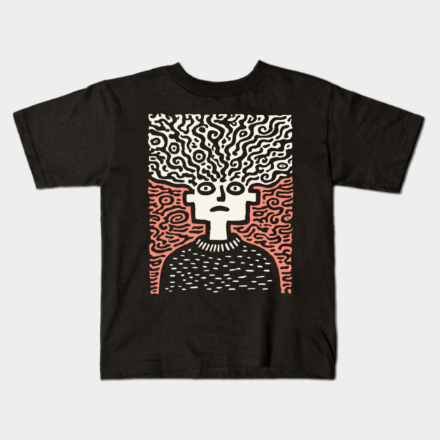 Tangled Thoughts | Surreal Linocut Portrait Kids T-Shirt by TuncGK