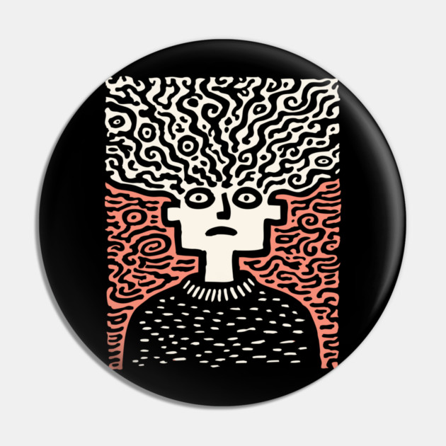 Tangled Thoughts | Surreal Linocut Portrait Pin by TuncGK