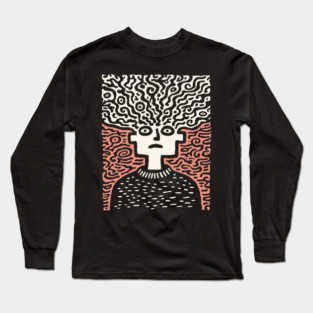 Tangled Thoughts | Surreal Linocut Portrait Long Sleeve T-Shirt
