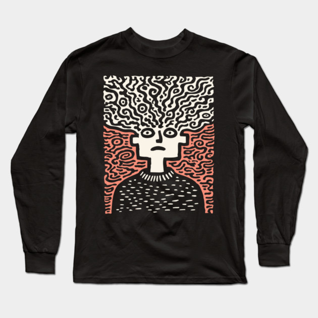 Tangled Thoughts | Surreal Linocut Portrait Long Sleeve T-Shirt by TuncGK