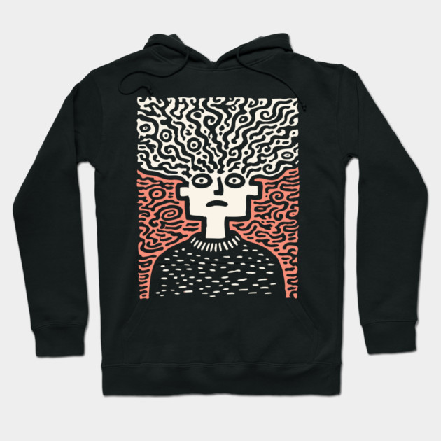 Tangled Thoughts | Surreal Linocut Portrait Hoodie by TuncGK