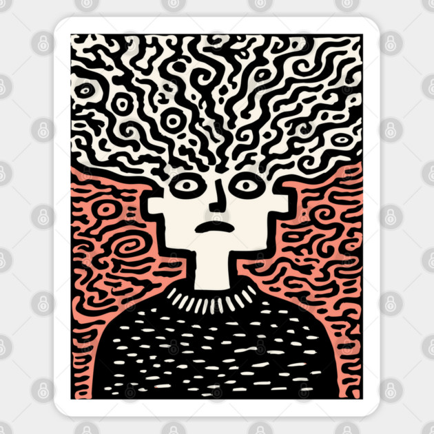 Tangled Thoughts | Surreal Linocut Portrait Sticker by TuncGK