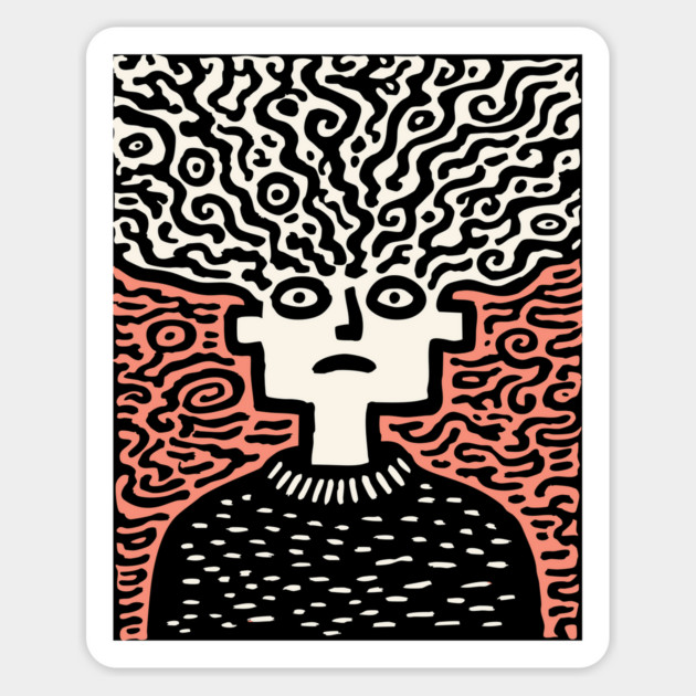 Tangled Thoughts | Surreal Linocut Portrait Magnet by TuncGK
