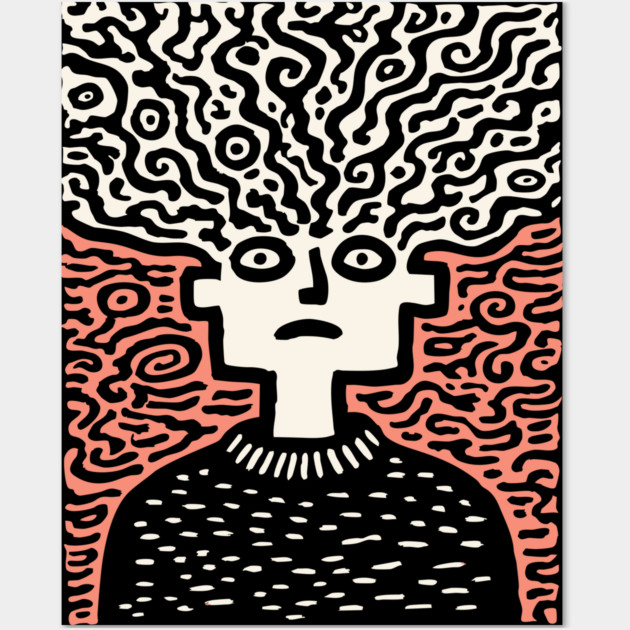 Tangled Thoughts | Surreal Linocut Portrait Wall Art by TuncGK