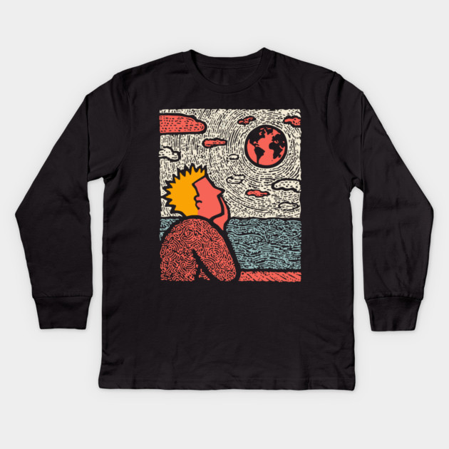 Earth Gazer | Cosmic Pop Art Kids Long Sleeve T-Shirt by TuncGK