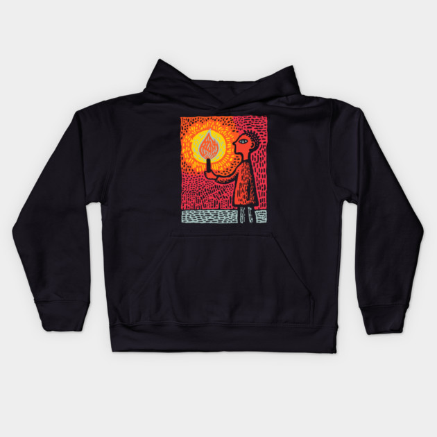 The Fire Bearer | Mythic Linocut Art Kids Hoodie by TuncGK