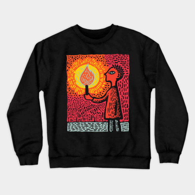 The Fire Bearer | Mythic Linocut Art Crewneck Sweatshirt by TuncGK