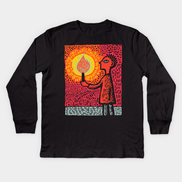 The Fire Bearer | Mythic Linocut Art Kids Long Sleeve T-Shirt by TuncGK