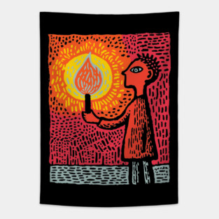 The Fire Bearer | Mythic Linocut Art Tapestry