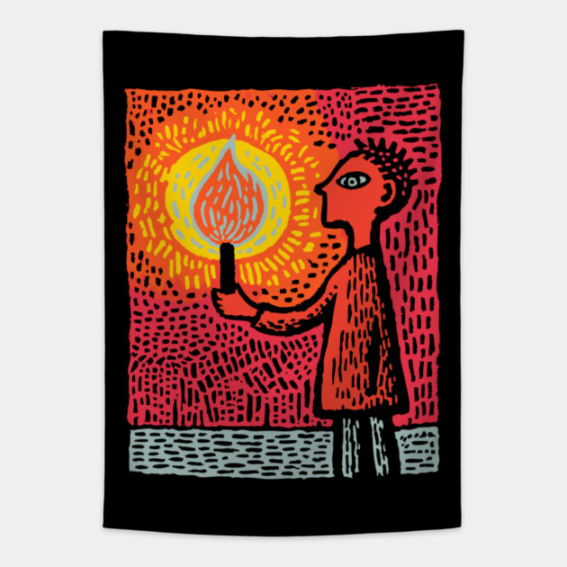 The Fire Bearer | Mythic Linocut Art Tapestry by TuncGK