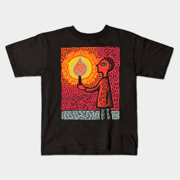 The Fire Bearer | Mythic Linocut Art Kids T-Shirt by TuncGK