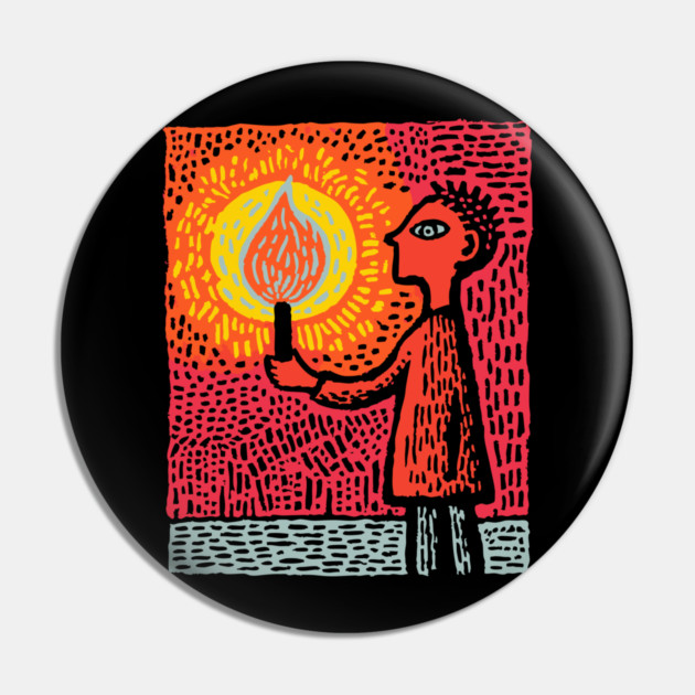 The Fire Bearer | Mythic Linocut Art Pin by TuncGK
