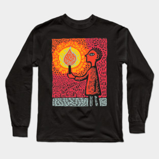 The Fire Bearer | Mythic Linocut Art Long Sleeve T-Shirt