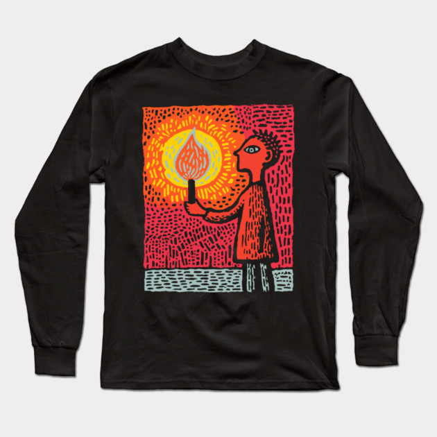 The Fire Bearer | Mythic Linocut Art Long Sleeve T-Shirt by TuncGK