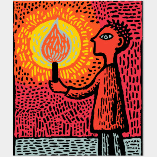 The Fire Bearer | Mythic Linocut Art Posters and Art