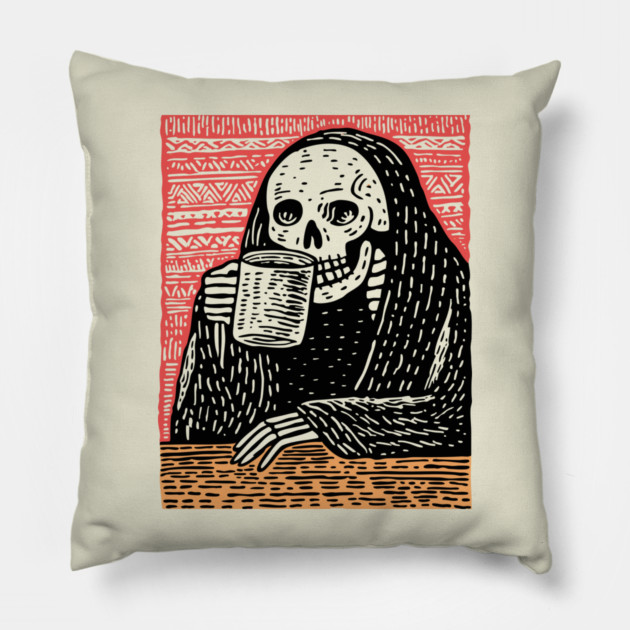 Reaper's Coffee Break | Funny Skeleton Art Pillow by TuncGK