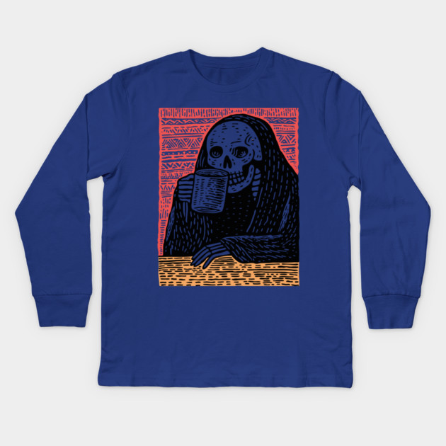 Reaper's Coffee Break | Funny Skeleton Art Kids Long Sleeve T-Shirt by TuncGK