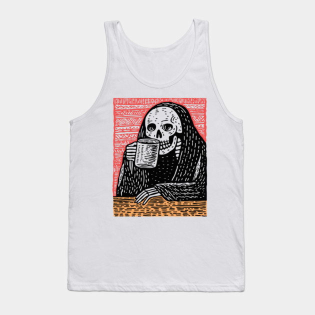 Reaper's Coffee Break | Funny Skeleton Art Tank Top by TuncGK