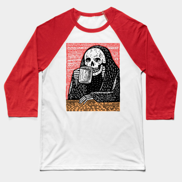 Reaper's Coffee Break | Funny Skeleton Art Baseball T-Shirt by TuncGK