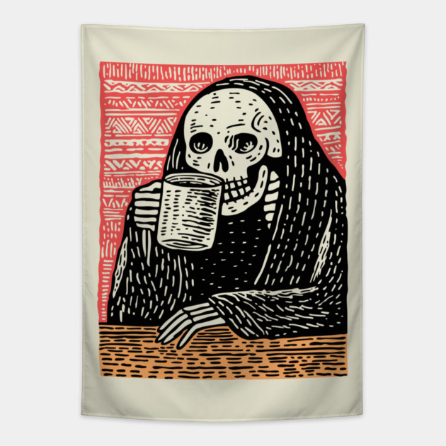 Reaper's Coffee Break | Funny Skeleton Art Tapestry by TuncGK