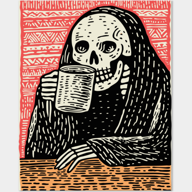 Reaper's Coffee Break | Funny Skeleton Art Wall Art by TuncGK