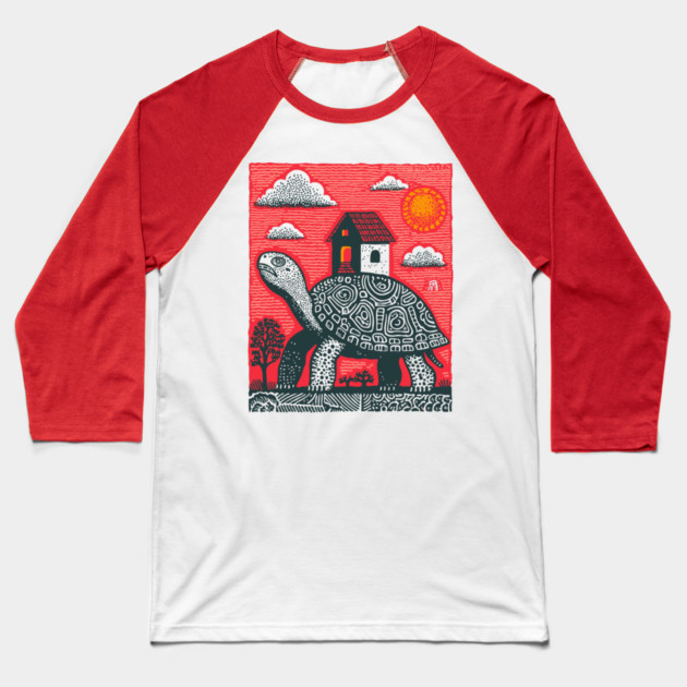 Slow Journey Home | Surreal Tortoise Print Baseball T-Shirt by TuncGK