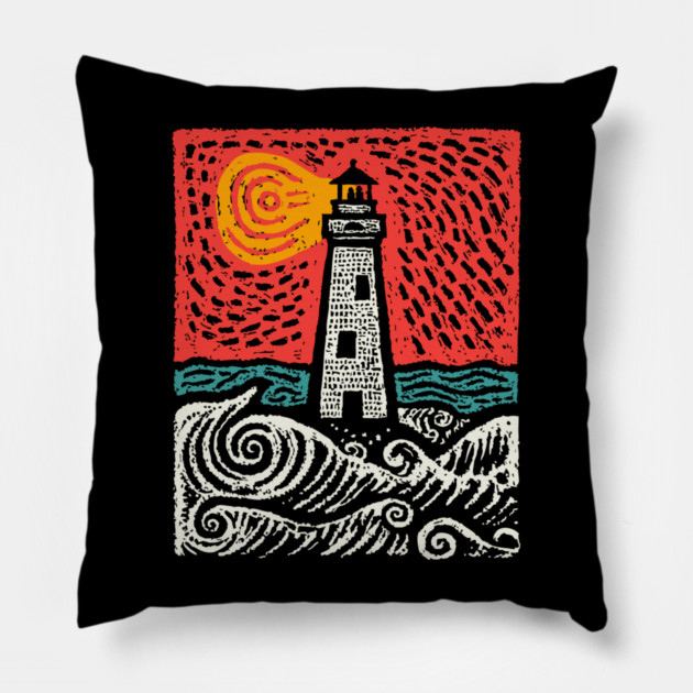 Beacon in the Storm | Linocut Lighthouse Art Pillow by TuncGK