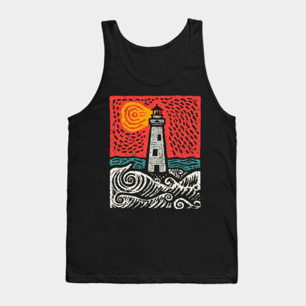 Beacon in the Storm | Linocut Lighthouse Art Tank Top by TuncGK