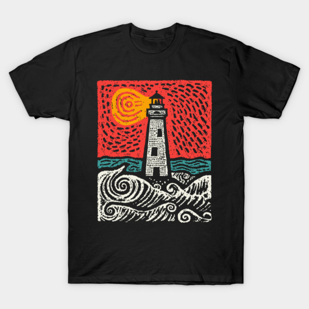 Beacon in the Storm | Linocut Lighthouse Art T-Shirt by TuncGK