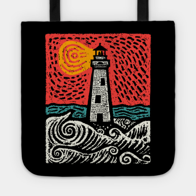 Beacon in the Storm | Linocut Lighthouse Art Tote by TuncGK