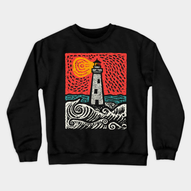 Beacon in the Storm | Linocut Lighthouse Art Crewneck Sweatshirt by TuncGK